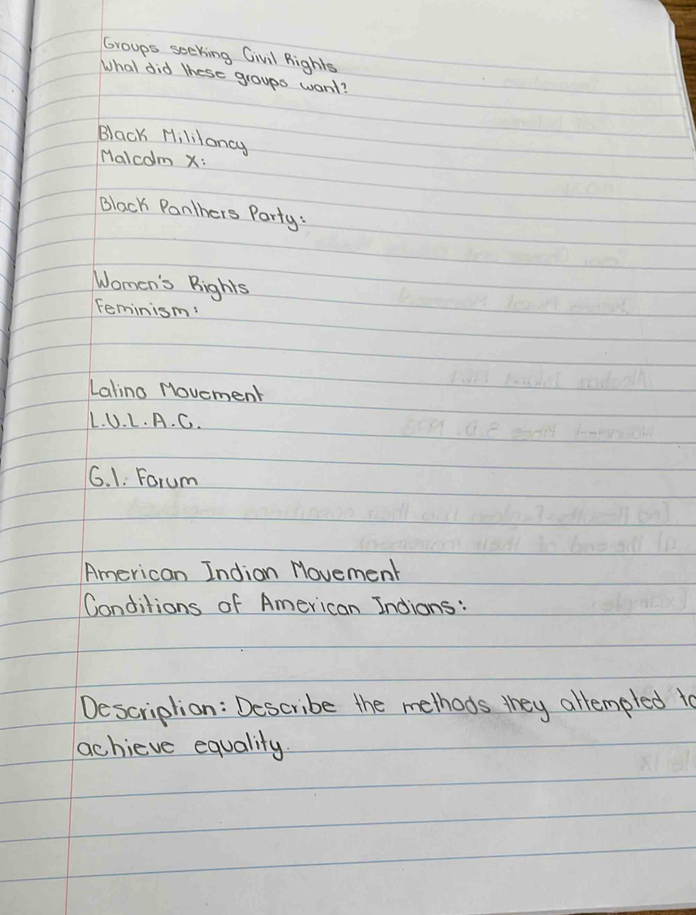 Groups seeking Civil Rights 
What did These groups want? 
Black Hililancy 
Malcolm X: 
Black Panthers Party: 
Women's Bights 
Feminism! 
Lating Novement 
L. U. L. A. C. 
6. 1. Forum 
American Indion Movement 
Conditions of American Indions: 
Descriplian : Describe the methods they altempled to 
achieve equality.