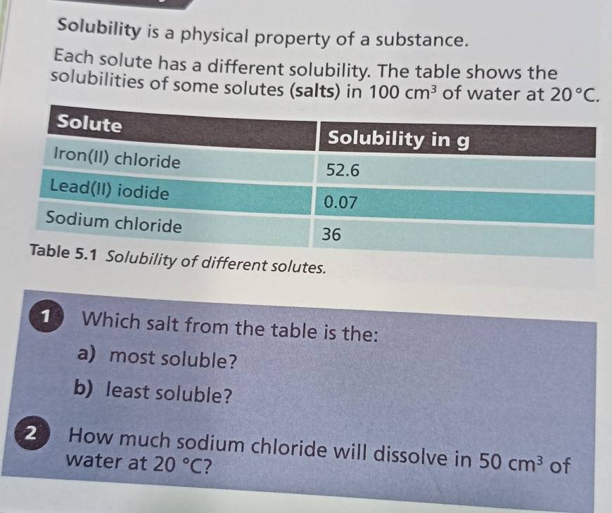 Solubility is a physical property of a substance. 
Each solute has a different solubility. The table shows the 
solubilities of some solutes (salts) in 100cm^3 of water at 20°C. 
different solutes. 
1 Which salt from the table is the: 
a) most soluble? 
b) least soluble? 
2 How much sodium chloride will dissolve in 50cm^3 of 
water at 20°C