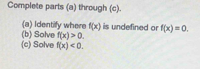 Complete parts (a) through (c). 
(a) Identify where f(x) is undefined or f(x)=0. 
(b) Solve f(x)>0. 
(c) Solve f(x)<0</tex>.