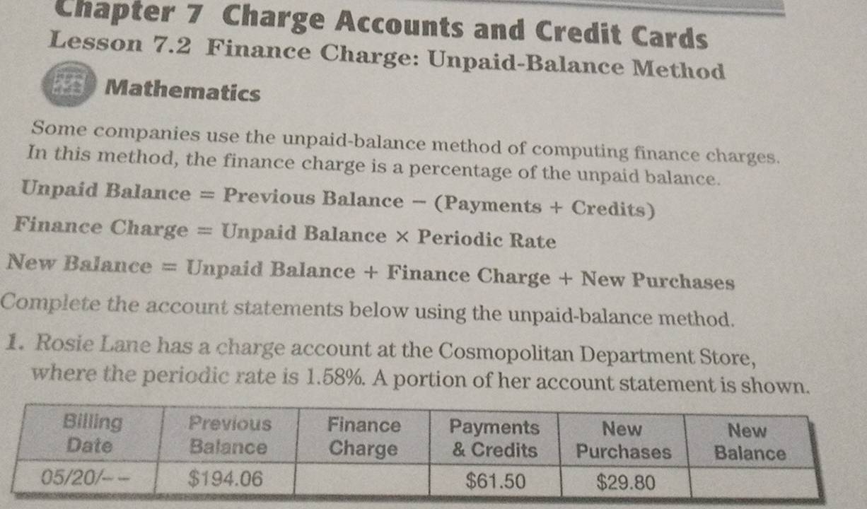Solved: Chapter 7 Charge Accounts and Credit Cards Lesson 7.2 Finance Charge:  Unpaid-Balance Meth [Business]