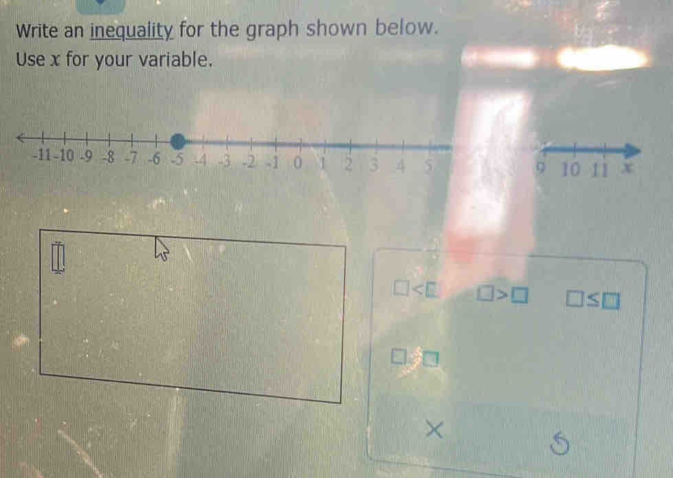 Write an inequality for the graph shown below. 
Use x for your variable.
-11 -10 . 9 -8 -7 -6 5 -4 -3 -2 -1 0 1 2 1 3 4 5
10 1ì x
□ □ >□ □ ≤ □
□ * □
X