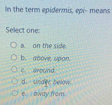 Solved: In the term epidermis, epi- means Select one: a. on the side. b ...