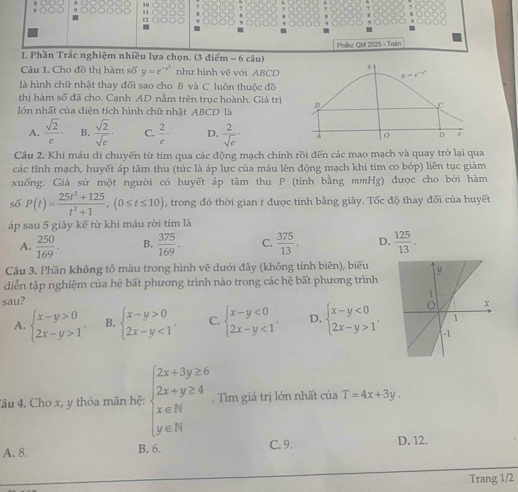 10 7
9 1 1 8
12
Phiều: QM 2025 - Toán
I. Phần Trắc nghiệm nhiều lựa chọn. (3 điểm - 6 câu)
Câu 1. Cho đồ thị hàm số y=e^(-x^2) như hình vẽ với ABCD
là hình chữ nhật thay đổi sao cho B và C luôn thuộc đồ
thị hàm số đã cho. Cạnh AD nằm trên trục hoành. Giá trị
lớn nhất của diện tích hình chữ nhật ABCD là
A.  sqrt(2)/e · B.  sqrt(2)/sqrt(e) · C.  2/e · D.  2/sqrt(e) ·
Câu 2. Khi máu di chuyển từ tim qua các động mạch chính rồi đến các mao mạch và quay trở lại qua
các tĩnh mạch, huyết áp tâm thu (tức là áp lực của máu lên động mạch khi tim co bóp) liên tục giảm
xuống. Giả sử một người có huyết áp tâm thu P (tính bằng mmHg) được cho bởi hàm
số P(t)= (25t^2+125)/t^2+1 ,(0≤ t≤ 10) , trong đó thời gian t được tính bằng giây. Tốc độ thay đổi của huyết
áp sau 5 giây kể từ khi máu rời tim là
D.
A.  250/169 .  375/169 .  375/13 .  125/13 .
B.
C.
Câu 3. Phần không tô màu trong hình vẽ dưới đây (không tính biên), biểu
diễn tập nghiệm của hệ bất phương trình nào trong các hệ bất phương trình
sau?
A. beginarrayl x-y>0 2x-y>1endarray. . B. beginarrayl x-y>0 2x-y<1endarray. . C. beginarrayl x-y<0 2x-y<1endarray. . D. beginarrayl x-y<0 2x-y>1endarray. .
Câu 4. Cho x, y thỏa mãn hệ: beginarrayl 2x+3y≥ 6 2x+y≥ 4 x∈ N y∈ Nendarray.. Tìm giá trị lớn nhất của T=4x+3y.
A. 8. B. 6.
C. 9. D. 12.
Trang 1/2