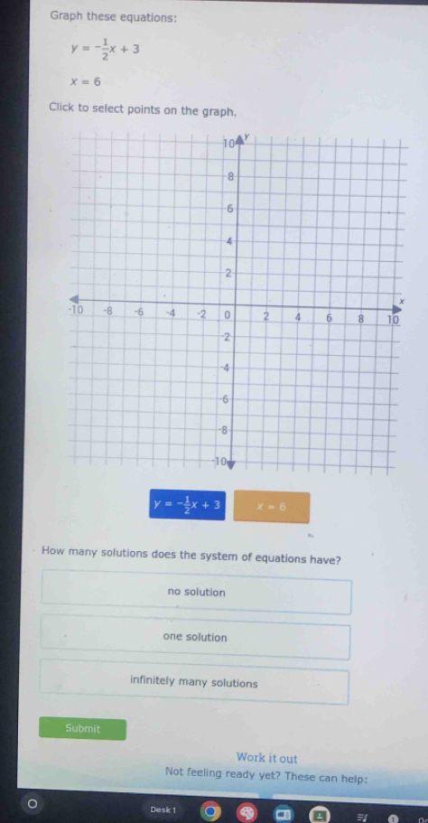 Graph these equations:
y=- 1/2 x+3
x=6
Click to select points on the graph.
y=- 1/2 x+3 x=6
How many solutions does the system of equations have?
no solution
one solution
infinitely many solutions
Submit
Work it out
Not feeling ready yet? These can help:
Desk 1