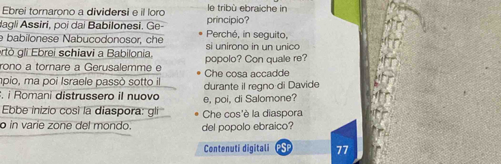 Ebrei tornarono a dividersi e il loro le tribù ebraiche in 
dagli Assiri, poi dai Babilonesi. Ge- principio? 
Perché, in seguito, 
e babilonese Nabucodonosor, che si unirono in un unico 
ortò gli Ebrei schiavi a Babilonia. popolo? Con quale re? 
rono a tornare a Gerusalemme e Che cosa accadde 
mpio, ma poi Israele passò sotto il durante il regno di Davide 
. i Romani distrussero il nuovo e, poi, di Salomone? 
Ebbe inizio cosí la diaspora: gli Che cos'è la diaspora 
o in varie zone del mondo. del popolo ebraico? 
Contenuti digitali 77