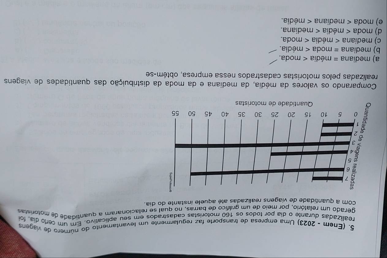 (Enem - 2023) Uma empresa de transporte faz regularmente um levantamento do número de víagens
realizadas durante o dia por todos os 160 motoristas cadastrados em seu aplicativo. Em um certo dia, foi
gerado um relatório, por meio de um gráfico de barras, no qual se relacionaram a quantidade de motoristas
com a quantidade de viagens realizadas até aquele instante do dia.
Comparando os valores da média, da mediana e da moda da distribuição das quantidades de viagens
realizadas pelos motoristas cadastrados nessa empresa, obtém-se
a) mediana = média < moda.
 b) mediana = moda < média.
 c) mediana < média < moda.
 d) moda < média < mediana.
 e) moda < mediana < média.