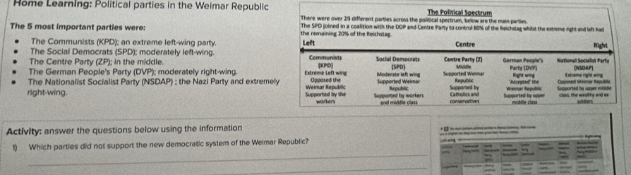 Home Learning: Political parties in the Weimar Republic The Political Spectrum
There were over 29 different parties across the political spectrum, below are the main parties.
The SPD joined in a coalition with the DDP and Centre Party to control 80% of the Reichstag whilst the extreme right and left had
The 5 most important parties were:
The Communists (KPD); an extreme left-wing party.
The Social Democrats (SPD); moderately left-wing.
The Centre Party (ZP): in the middle.
The German People's Party (DVP); moderately right-wing.
The Nationalist Socialist Party (NSDAP) ; the Nazi Party and extremel
right-wing. 
Activity: answer the questions below using the information _ _ _ -
1) Which parties did not support the new democratic system of the Weimar Republic? a dgt t thy t goa 
ng 
_
_