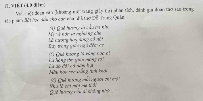 VIÉT (4, 0 điểm) 
Viết một đoạn văn (khoảng một trang giấy thi) phân tích, đánh giá đoạn thơ sau trong 
tác phẩm Bài học đầu cho con của nhà thơ Đỗ Trung Quân. 
(4) Quê hương là cầu tre nhỏ 
Mẹ về nón lá nghiêng che 
Là hương hoa đồng cỏ nội 
Bay trong giấc ngủ đêm hè 
(5) Quê hương là vàng hoa bí 
Là hồng tím giậu mồng tơi 
Là đỏ đội bờ dâm bụt 
Mu hoa sen trắng tinh khôi 
(6) Quê hương mỗi người chỉ một 
Như là chỉ một mẹ thôi 
Quê hương nếu ai không nhớ...