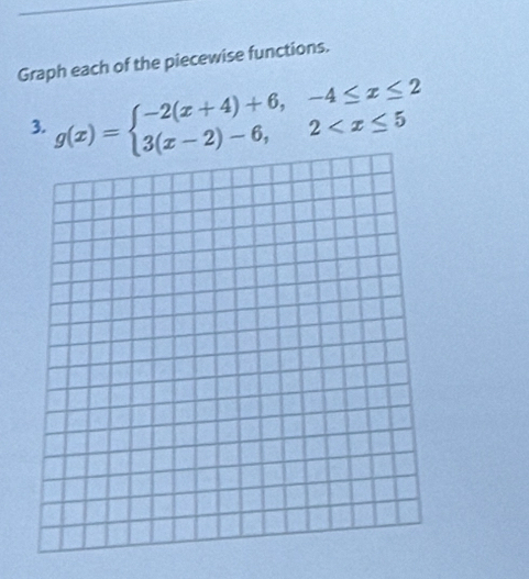 Graph each of the piecewise functions. 
3. g(x)=beginarrayl -2(x+4)+6,-4≤ x≤ 2 3(x-2)-6,2