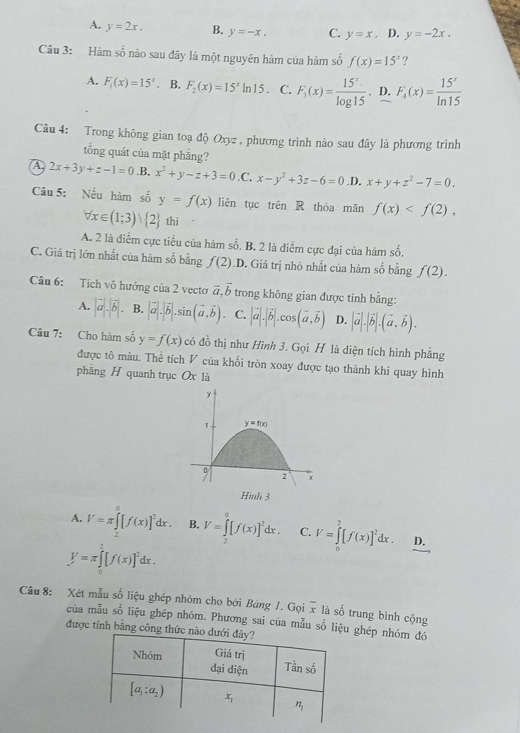 A. y=2x.
B. y=-x. C. y=x. D. y=-2x.
Câu 3: Hàm số nào sau đây là một nguyên hàm của hàm số f(x)=15^x ?
A. F_1(x)=15^x. B. F_2(x)=15^xln 15 C. F_3(x)= 15^x/log 15 . D. F_4(x)= 15^x/ln 15 
Câu 4: Trong không gian toạ độ Oxyz , phương trình nào sau đây là phương trình
tổng quát của mặt phẵng?
A 2x+3y+z-1=0 .B. x^2+y-z+3=0 .C. x-y^2+3z-6=0 .D. x+y+z^2-7=0.
Câu 5: Nếu hàm số y=f(x) liên tục trên R thỏa mãn f(x)
forall x∈ (1;3) 2 thì
A. 2 là điểm cực tiểu của hàm số. B. 2 là điểm cực đại của hàm số.
C. Giá trị lớn nhất của hàm số bằng f(2).D 0. Giá trị nhỏ nhất của hàm số bằng f(2).
Câu 6: Tích vô hướng của 2 vecto vector a,vector b trong không gian được tính bằng:
A. |vector a|.|vector b|.. B. |vector a|.|vector b|.sin (vector a,vector b). C. |vector a|.|vector b|.cos (vector a,vector b) D. |vector a|.|vector b|.(vector a,vector b).
Câu 7: Cho hàm số y=f(x) có đồ thị như Hình 3. Gọi H là diện tích hình phẳng
được tô màu. 7 Tha tích V của khối tròn xoay được tạo thành khi quay hình
phăng H quanh trục Ox là
Hình 3
A. V=π ∈tlimits _2^(0[f(x)]^2)dx. B. V=∈tlimits _2^(0[f(x)]^2)dx. C. V=∈tlimits _0^(2[f(x)]^2)dx. D.
V=π ∈tlimits _0^(2[f(x)]^2)dx.
Câu 8: Xét mẫu số liệu ghép nhóm cho bời Bảng 1. Gọi x là số trung bình cộng
của mẫu số liệu ghép nhóm. Phương sai của mẫu số liệu ghép nhóm đó
được tính bằng công t