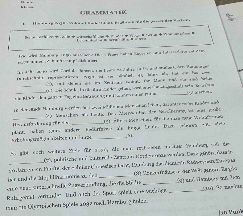 Name:
Klasse:
GRAMMATIK
L. Hamburg 2030 - Zukunft findet Stadt. Ergänzen Sie die passenden Verben.
V   
Schulabschluss Rolle wirtschaftliche Kinder Wege ◆ Berlín Wohnungsbau
bekanntesten berufstätig  ältere
Wie wird Hamburg 2030 ausschen? Diese Frage haben Experten und Interessierte auf dem
sogenannten „Zukunftscamp“ diskutiert.
Im Jahr 2030 wird Cordula Jansen, die heute 24 Jahre alt ist und studiert, den Hamburger
Durchschnitt repräsentieren. 2030 ist sie nämlich 43 Jahre alt, hat ein bis zwei se
(1), mit denen sie im Zentrum wohnt. Ihr Mann und sie sind beide
_(2). Die Schule, in die ihre Kinder gehen, wird eine Ganztagsschule sein. So haben
die Kinder den ganzen Tag eine Betreuung und können einen guten _(3) machen
In der Stadt Hamburg werden fast zwei Millionen Menschen leben, darunter mehr Kinder und
(4) Menschen als heute. Das Älterwerden der Bevölkerung ist eine große
Herausforderung für den (5). Ältere Menschen, für die man neue Wohnformen
plant, haben ganz andere Bedürfnisse als junge Leute. Dazu gehören z.B. viele
Erholungsmöglichkeiten und kurze _(6).
Es gibt noch weitere Ziele für 2030, die man realisieren möchte: Hamburg soll das
(7), politische und kulturelle Zentrum Nordeuropas werden. Dazu gehört, dass in
20 Jahren ein Fünftel der Schüler Chinesisch lernt, Hamburg das dichteste Radwegnetz Europas
hat und die Elbphilharmonie zu den _(8) Konzerthäusern der Welt gehört. Es gibt
eine neue superschnelle Zugverbindung, die die Städte _(9) und Hamburg mit dem
Ruhrgebiet verbindet. Und auch der Sport spielt eine wichtige _(10). So möchte
man die Olympischen Spiele 2032 nach Hamburg holen.
/10 Punk