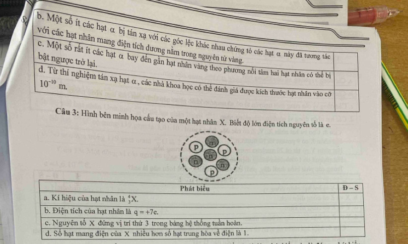 b. Một số ít các hạt α bị tán xạ với các góc lệc khác nhau chứng tỏ các hạt α này đã tương tác
với các hạt nhân mang điện tích dương nằm trong nguyên từ vàng.
bật ngược trở lại.
c. Một số rất ít các hạt α bay đến gần hạt nhân vàng theo phương nổi tâm hai hạt nhân có thể bị
10^(-10)m.
d. Từ thí nghiệm tán xạ hạt α , các nhà khoa học có thể đánh giá được kích thước hạt nhân vào cỡ
Câu 3: Hình bên minh họa cầu tạo của một hạt nhân X. Biết độ lớn điện tích nguyên tố là e.