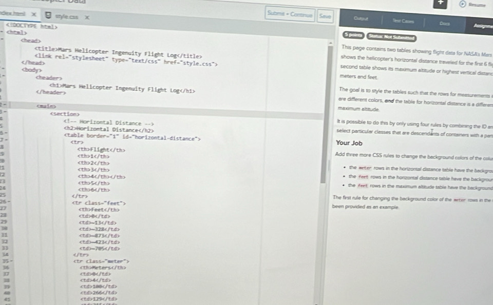 Resume
dex 1nl X  style.css x
Subms + Continue Save Outsut Test Cases
Docs
5 potres Stmar Not Sübm

This page contains two tables showing flight data for NASA's Mars
shows the helicopter's horizontal distance traveled for the first 6 fi
Mars Helicopter Ingenuity Flight Log second table shows its maximum altitude or highest vertical distane

meters and feet.

The goal is to style the tables such that the rows for measurements

Mars Helicopter Ingenuity Flight Log are different colors, and the table for horizontal distance is a differen
Cmales
maximum altitude
] - It is possible to do this by only using four rules by combining the ID ar
select particular classes that are descendants of containers with a pan
Horizontal Distance
5- Your Job
J -
J Flight Add three more CSS rules to change the background colors of the colu
2
5 1 the meter, rows in the horizontal distance table have the backgro
3
the feet rows in the honzontal distance table have the backgrou
7 4 the feet; rows in the maximum altitude table have the background
5
6
25 The first rule for changing the background color of the weter, rows in the

75 been provided as an example.
Z7 Feet
28 B
29 -13
38 -328
31 -873
-423
33 -785
34
·
36 Meters
47 6
3 4
180
266
41 129