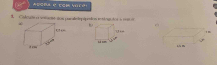 AgOra e com vocè! 
1, Calcule o volume dos paralelepípedos retângulos a seguir 
3 
b 
c