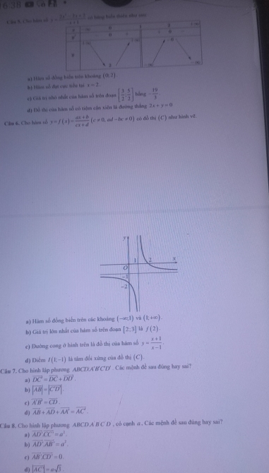 638 cò rǔ
Câu 3. Cho hàm cố ho cà n 
x) Hàm số đòng biển trên khoáng (0,2)
h) Nàm số đại cục tiểu tại x=2
c) Giả tri nhó nhất của hàm số trên đoạn [ 3/2 , 5/2 ] bằng - 19/3 
đ) Đồ thị của hàm số có tiêm cận xiên là đường thắng 2x+y=0
Câu 6, Cho hàm số y=f(x)= (ax+b)/cx+d (c!= 0,ad-bc!= 0) có đồ thị (C) như hình về
a) Hàm số đồng biến trên các khoảng (-∈fty ,1) và (1;+∈fty ).
b) Giả trị lớn nhất của hàm số trên đoạn [2:3] Là f(2).
e) Đường cong ở hình trên là đồ thị của hàm số y= (x+1)/x-1 .
d) Điểm I(1,-1) là tâm đổi xứng của đồ thị (C).
Câm 7, Cho hình lập phương ABCDA'B'C'D' . Các mệnh đề sau đũng hay sai?
a) overline DC=overline DC+overline DD.
b) |vector AB|=|vector CD|.
c ) overline A'B'=overline CD.
d) overline AB+overline AD+overline AA'=overline AC'.
Cầu 8, Cho hình lập phương △ BCDA 9 C D , có cạnh π . Các mệnh đề sau đùng hay sai?
a ) overline AD'overline CC'=a^2.
b) overline AD· overline AB=a^2.
c) overline AB· overline CD=0.
d) |vector AC|=asqrt(3).