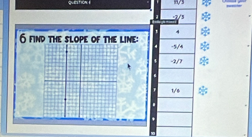 11/3
-2/3
4
6 find the slope of the line:
-5/4
-2/7
1/6