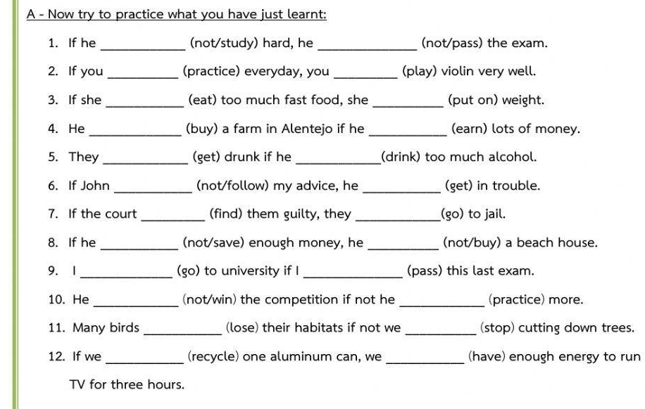 A - Now try to practice what you have just learnt: 
1. If he _(not/study) hard, he _(not/pass) the exam. 
2. If you_ (practice) everyday, you _(play) violin very well. 
3. If she _(eat) too much fast food, she _(put on) weight. 
4. He _(buy) a farm in Alentejo if he _(earn) lots of money. 
5. They _(get) drunk if he _(drink) too much alcohol. 
6. If John _(not/follow) my advice, he _(get) in trouble. 
7. If the court _(find) them guilty, they _(go) to jail. 
8. If he _(not/save) enough money, he _(not/buy) a beach house. 
9. 1 _(go) to university if I _(pass) this last exam. 
10. He _(not/win) the competition if not he _(practice) more. 
11. Many birds _(lose) their habitats if not we _(stop) cutting down trees. 
12. If we _(recycle) one aluminum can, we _(have) enough energy to run 
TV for three hours.