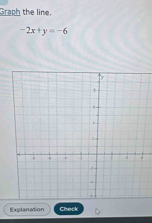 Graph the line.
-2x+y=-6
Explanation Check