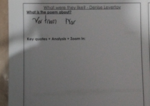 What were they like? - Denise Levertov 
What is the poem about? 
Key quotes + Analysis + Zoom In: