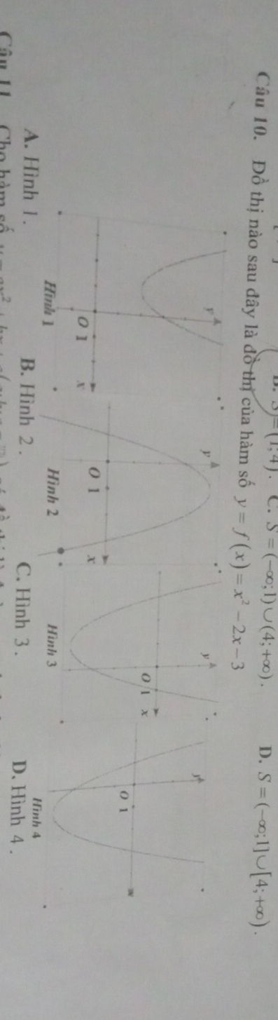 3)=(1,4) C. S=(-∈fty ;1)∪ (4;+∈fty ). D. S=(-∈fty ;1]∪ [4;+∈fty ). 
Câu 10. Đồ thị nào sau đây là đồ thị của hàm số y=f(x)=x^2-2x-3
3
Hình 4
A. Hình 1. B. Hình 2 . C. Hình 3 . D. Hình 4 .
Câu 11 Cho hà