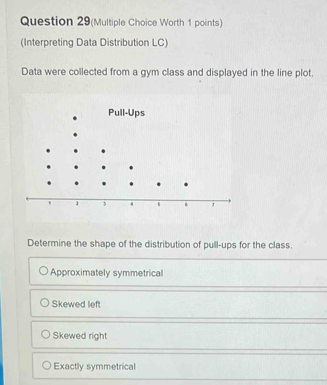 Question 29(Multiple Choice Worth 1 points)
(Interpreting Data Distribution LC)
Data were collected from a gym class and displayed in the line plot.
Determine the shape of the distribution of pull-ups for the class.
Approximately symmetrical
Skewed left
Skewed right
Exactly symmetrical