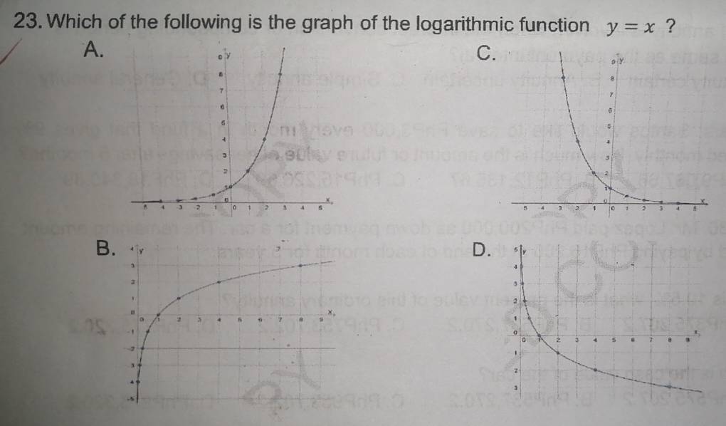 Which of the following is the graph of the logarithmic function y=x ? 
A. 
C 

B 
D.