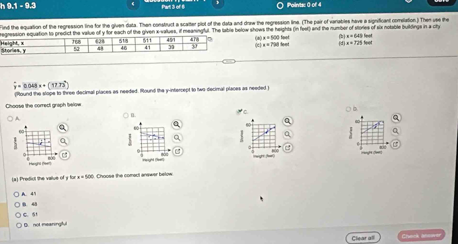 )
h 9.1 - 9.3 < Part 3 of 6 Points: 0 of 4
Find the equation of the regression line for the given data. Then construct a scatter plot of the data and draw the regression line. (The pair of variables have a significant correlation.) Then use the
ion to predict the value of  y for each of the given x -values, if meaningful. The table below shows the heights (in feet) and the number of stories of six notable buildings in a city
(c) x=798feet (d) x=725feet
(a) x=500feet (b) x=649feet
hat y=0.048x+(17.73°)
(Round the stope to three decimal places as needed. Round the y-intercept to two decimal places as needed.)
Choose the correct graph below.
B.
C.
b.
A.
60
60
60
i
5
0
0
D 800 0 0 800
0 80O Height (feet)
Height (feet) Height (feet)
(a) Predict the value of y for x=500 Choose the correct answer below.
A. 41
B. 48
C. 51
D. not meaningful
Clear all Cheek anower