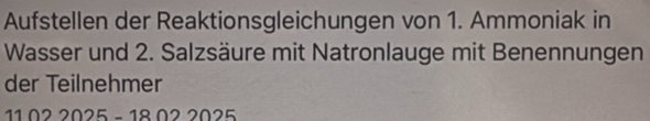 Aufstellen der Reaktionsgleichungen von 1. Ammoniak in 
Wasser und 2. Salzsäure mit Natronlauge mit Benennungen 
der Teilnehmer
11022025-18022025