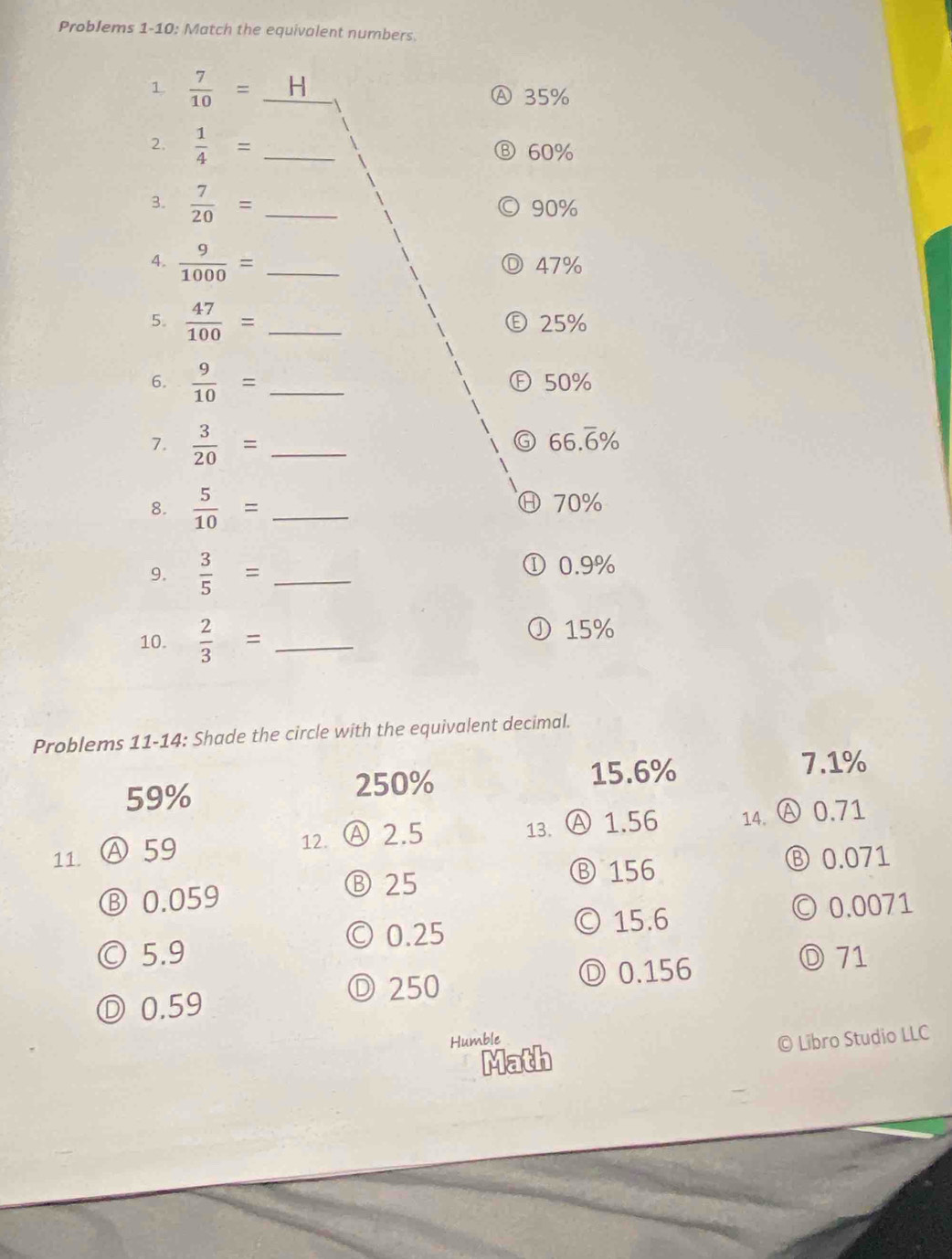 Problems 1-10: Match the equivalent numbers
1  7/10 =_ H
Ⓐ 35%
2.  1/4 = _Ⓑ 60%
3.  7/20 = _ 90%
4.  9/1000 = _ 47%
5.  47/100 = _Ⓔ 25%
6.  9/10 = _Ⓕ 50%
7.  3/20 = _
G 66.overline 6%
8.  5/10 = _Ⓗ 70%
9.  3/5 = _① 0.9%
10.  2/3 = _① 15%
Problems 11-14: Shade the circle with the equivalent decimal.
59%
250% 15. 6% 7. 1%
11. Ⓐ59
12. Ⓐ 2.5
13. Ⓐ 1.56 14. Ⓐ 0.71
Ⓑ 0.059
Ⓑ 25 Ⓑ 156 Ⓑ 0.071
○ 5.9 © 0.0071
○ 0.25 ○ 15.6
Ⓓ 250 Ⓓ 0.156
D 71
Ⓓ 0.59
Humble
Math © Libro Studio LLC