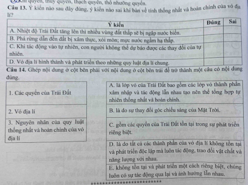 0km quyền, thuy quyên, thạch quyên, thổ nhưỡng quyền. 
Câu 13, Ý kiển nào sau đây đúng, ý kiên nào sai khi bản về tính thống nhất và hoàn chính của vô địa
f? 
Câu 14. Ghép nội dung ở cột bên phải với nội dung ở cột bên trái để trở thành một câu có nội dung 
dúng.