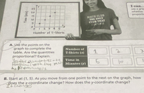 can..
25
use a gra
20
whether
15
5 MATH CLUB 
proporti 
: 10 5
x CLUB THAT THE ONLY 
COUNtS
0
0 1 2 3 4
Number of T-Shirts 
A. Use the points on the 
graph to complete the 
table. Are the quantities 
proportional? Explain. 
1 
B. Start at (1,5). As you move from one point to the next on the graph, how 
does the x-coordinate change? How does the y-coordinate change?