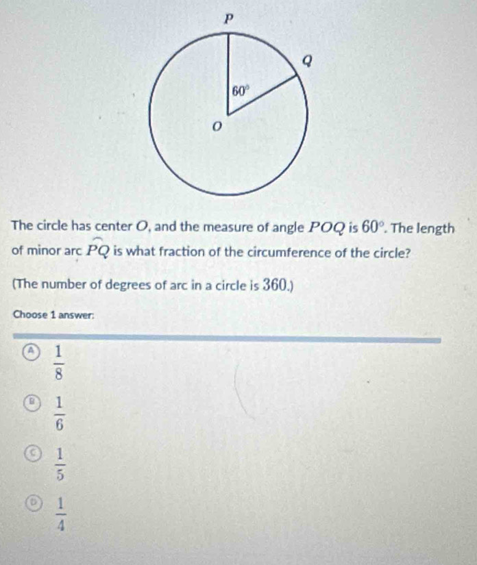 The circle has center O, and the measure of angle POQ is 60°. The length
of minor arc widehat PQ is what fraction of the circumference of the circle?
(The number of degrees of arc in a circle is 360.)
Choose 1 answer:
a  1/8 
a  1/6 
 1/5 
 1/4 