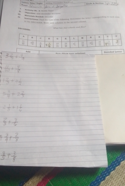 ty No. 2: Roddle Timel
I. Objectiver Add dissimilar fractions
E. Materiaía Needadz Decudes
TV. fnstruerione Find the suas of the folloing. Determise the lester corresponding to each sum
in the BECODR. Write your solation in the arcond column
What has forr wheeds and fle?
DECODER:
Add
um (knw eour anlution) Decoded Letter