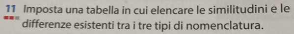 Imposta una tabella in cui elencare le similitudini e le 
differenze esistenti tra i tre tipi di nomenclatura.