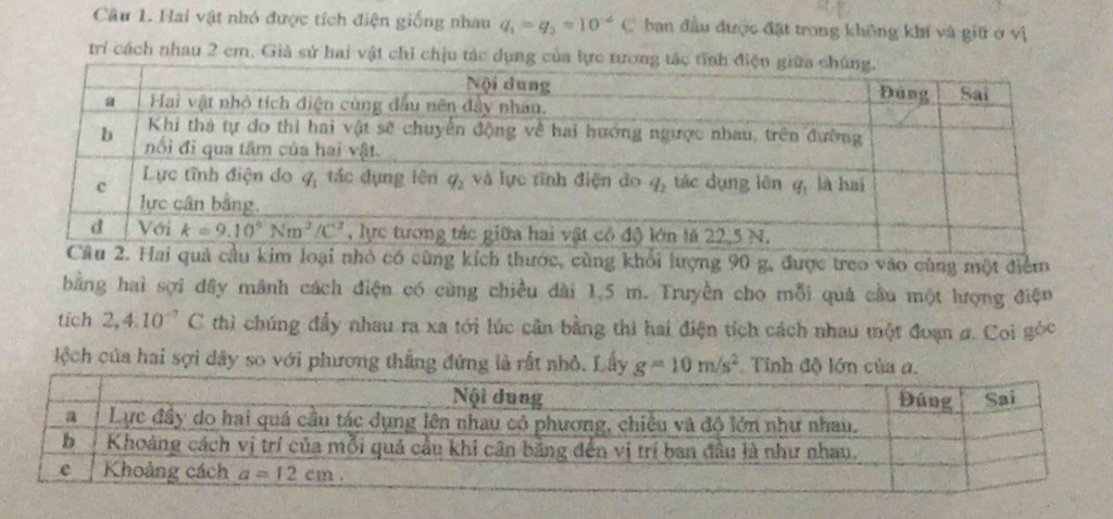 Hai vật nhỏ được tích điện giống nhau q_1=q_2=10^(-6)C ban đầu được đặt trong không khí và giữ ở vị
trí cách nhau 2 cm. Giả sử hai vật chỉ chịu tác dụng c
hỏ có cùng kích thước, cùng khổi lượng 90 g, được treo vào cùng một điểm
bằng hai sợi dây mãnh cách điện có cùng chiều dài 1,5 m. Truyền cho mỗi quá cầu một lượng điện
tích 2,4.10^(-7)C thì chúng đầy nhau ra xa tới lúc căn bằng thì hai điện tích cách nhau một đoạn #. Coi gớc
lệch của hai sợi dây so với phương thắng đứng là rất nhỏ. Lấy g=10m/s^2 Tỉnh độ lớn của a.