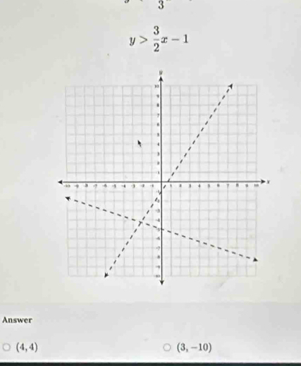 y> 3/2 x-1
Answer
(4,4)
(3,-10)