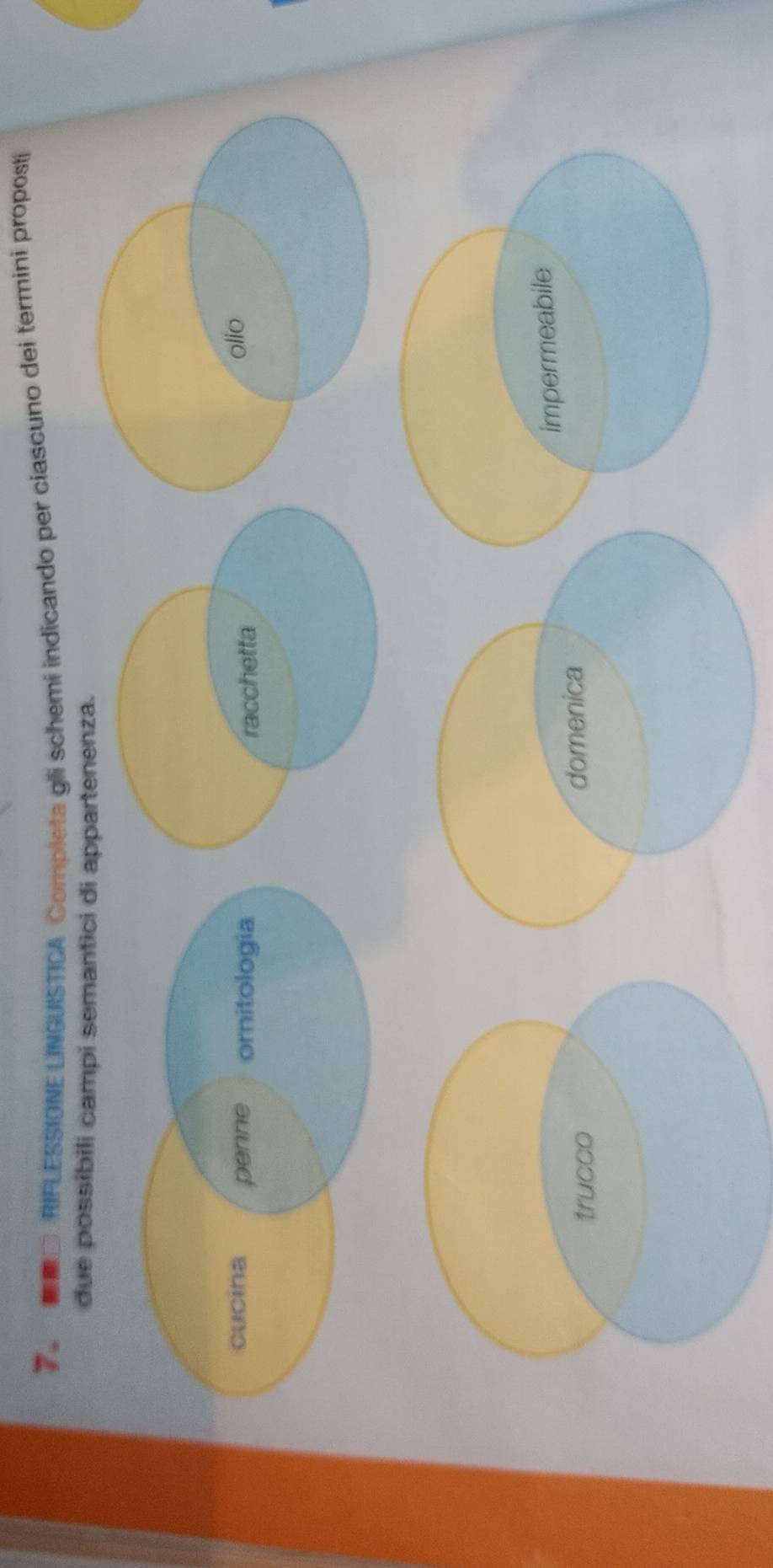 RIFLESSIONE LINGUISTICA Completa gli schemi indicando per ciascuno dei termini proposti 
due possibili campi semantici di appartenenza. 
cucina penne ornitologia racchetta 
impermeabile 
domenica