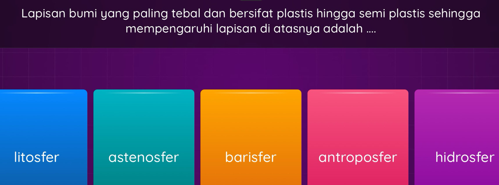 Lapisan bumi yang paling tebal dan bersifat plastis hingga semi plastis sehingga
mempengaruhi lapisan di atasnya adalah ....
litosfer astenosfer barisfer antroposfer hidrosfer