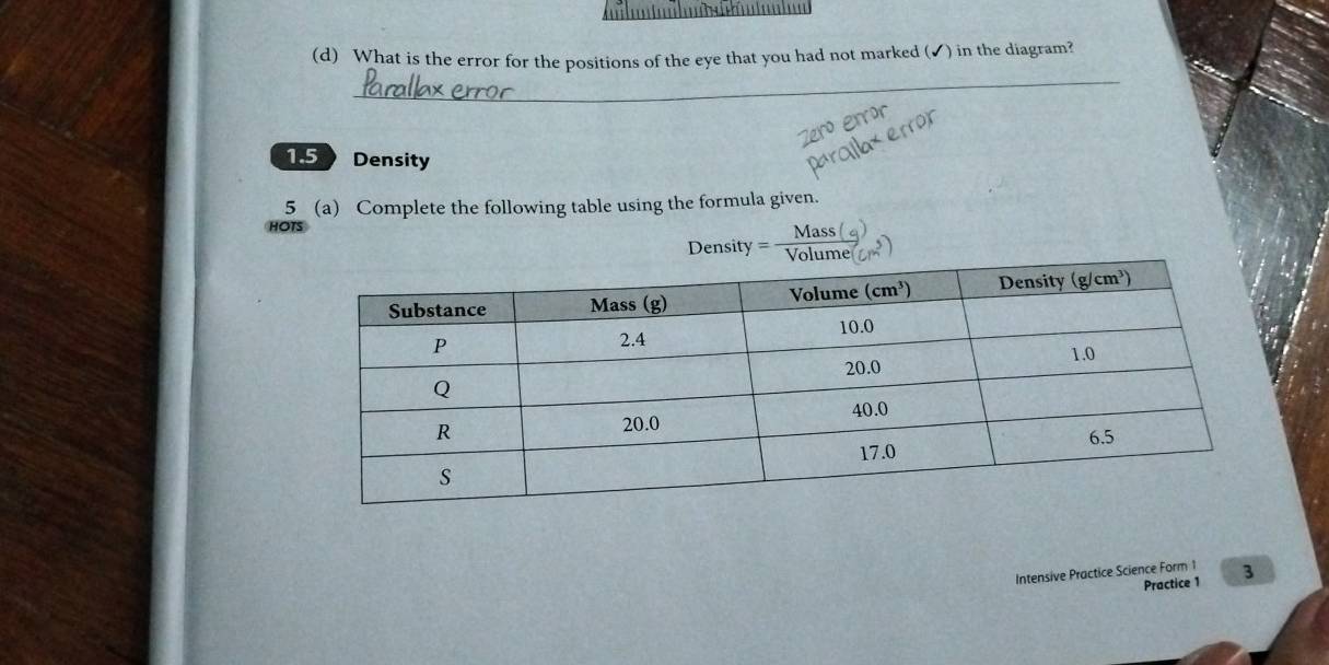 What is the error for the positions of the eye that you had not marked (✔) in the diagram?
_
1.5 Density
5_(a) Complete the following table using the formula given.
HOTS
Density   Vome 
Intensive Practice Science Form 1 3
Practice 1