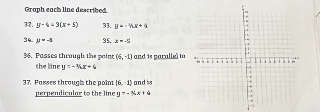 Graph each line described. 
32. y-4=3(x+5) 33. y=-3/4x+4
34. y=-8 35. x=-5
36. Passes through the point (6,-1) and is parallel to 
the line y=-3/4x+4
37. Passes through the point (6,-1) and is 
perpendicular to the line y=-3/4x+4