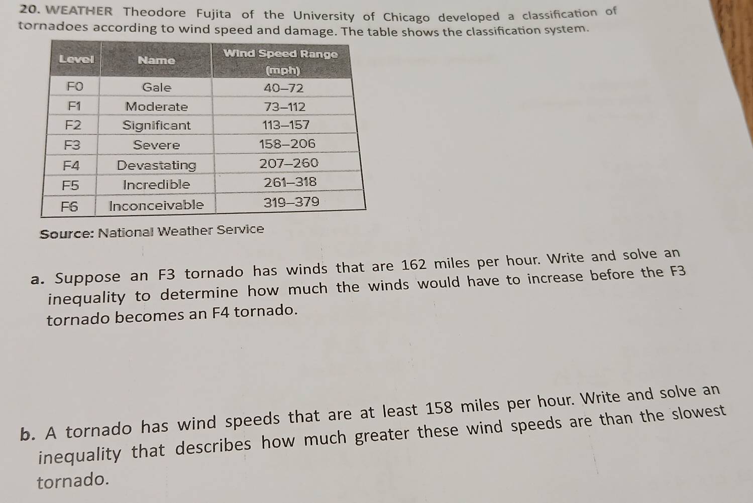 WEATHER Theodore Fujita of the University of Chicago developed a classification of 
tornadoes according to wind speed and damage. The table shows the classification system. 
Source: National Weather Service 
a. Suppose an F3 tornado has winds that are 162 miles per hour. Write and solve an 
inequality to determine how much the winds would have to increase before the F3
tornado becomes an F4 tornado. 
b. A tornado has wind speeds that are at least 158 miles per hour. Write and solve an 
inequality that describes how much greater these wind speeds are than the slowest 
tornado.