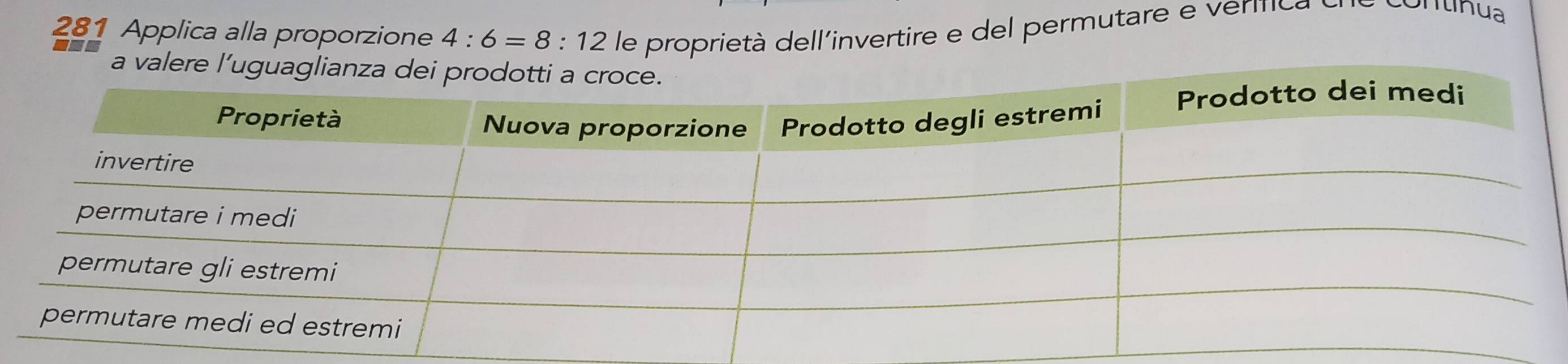 281 Applica alla proporzione 4:6=8:12 le proprietà dell'invertire e del permutare e erica 
ilinua