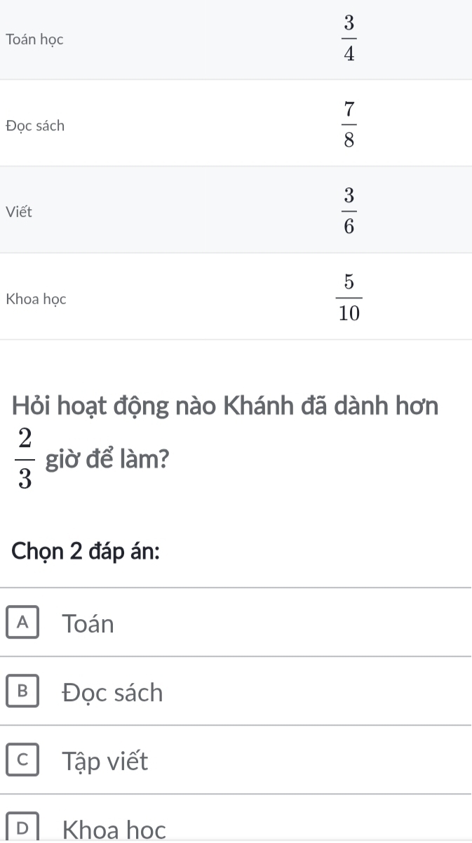 To
Đọ
Vi
Kh
Hỏi hoạt động nào Khánh đã dành hơn
 2/3  giờ để làm?
Chọn 2 đáp án:
A Toán
B Đọc sách
C Tập viết
D Khoa hoc