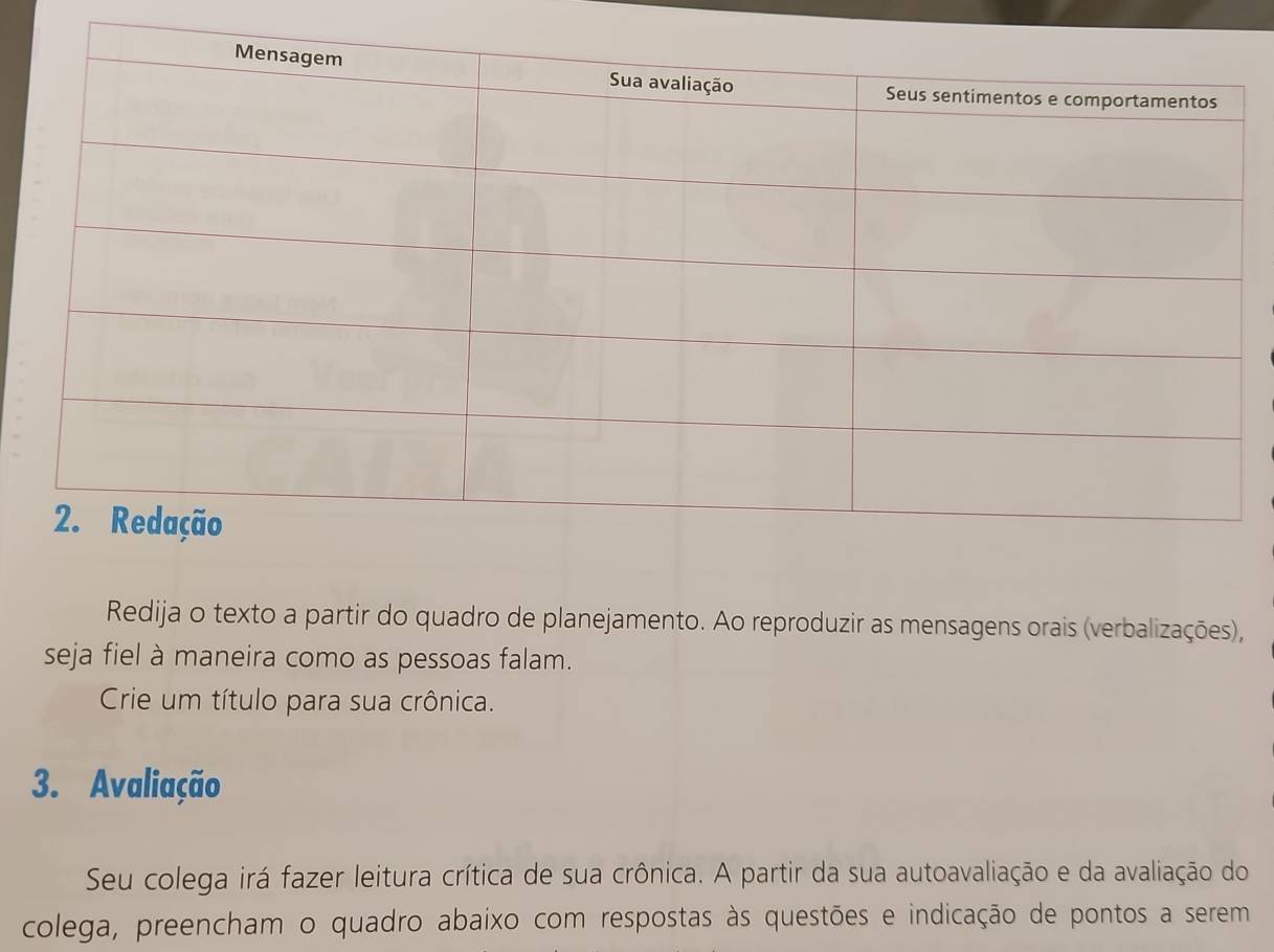 Redija o texto a partir do quadro de planejamento. Ao reproduzir as mensagens orais (verbalizações), 
seja fiel à maneira como as pessoas falam. 
Crie um título para sua crônica. 
3. Avaliação 
Seu colega irá fazer leitura crítica de sua crônica. A partir da sua autoavaliação e da avaliação do 
colega, preencham o quadro abaixo com respostas às questões e indicação de pontos a serem