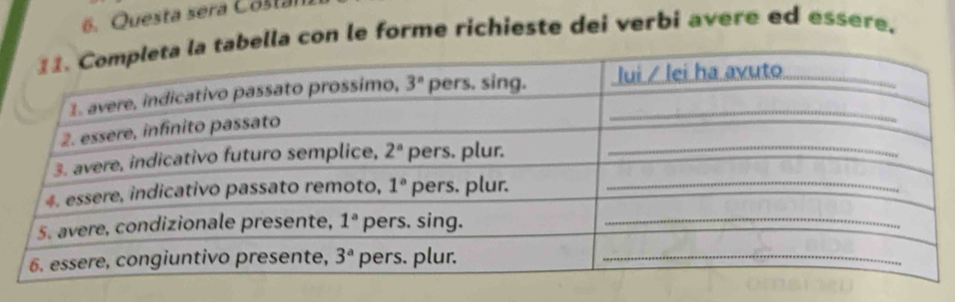 Questa sera Costa
lla con le forme richieste dei verbi avere ed essere.