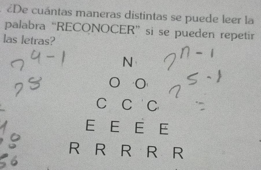 ¿De cuántas maneras distintas se puede leer la 
palabra “RECONOCER” si se pueden repetir 
las letras? 
N 
O 
C C C 
E£ E E E 
R R R R R