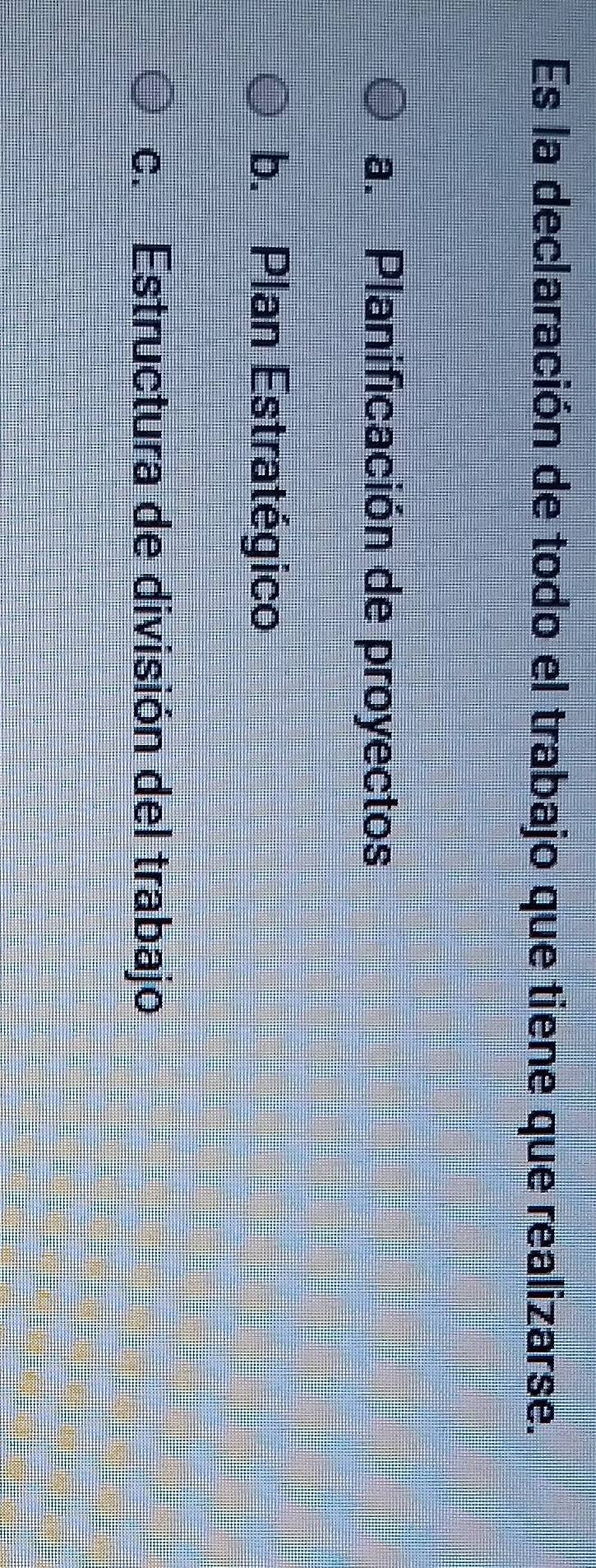 Es la declaración de todo el trabajo que tiene que realizarse.
a. Planificación de proyectos
b. Plan Estratégico
c. Estructura de división del trabajo