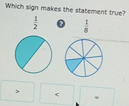 Which sign makes the statement true?
 1/2  0  1/8 

=