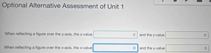 Optional Alternative Assessment of Unit 1 
When reflecting a figure over the y-axis, the x -value □° and the y -value □°
When reflecting a figure over the x-axis, the x -value □° and the y -value □°