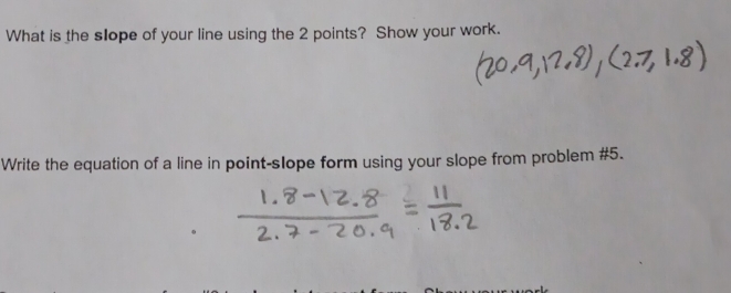 What is the slope of your line using the 2 points? Show your work. 
Write the equation of a line in point-slope form using your slope from problem #5.